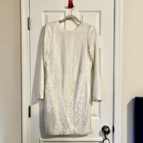 Amsale Dress Ivory White Sequin Open Back Bow Long Sleeve Sheath Mini Zip Size 6 - Picture 3 of 12